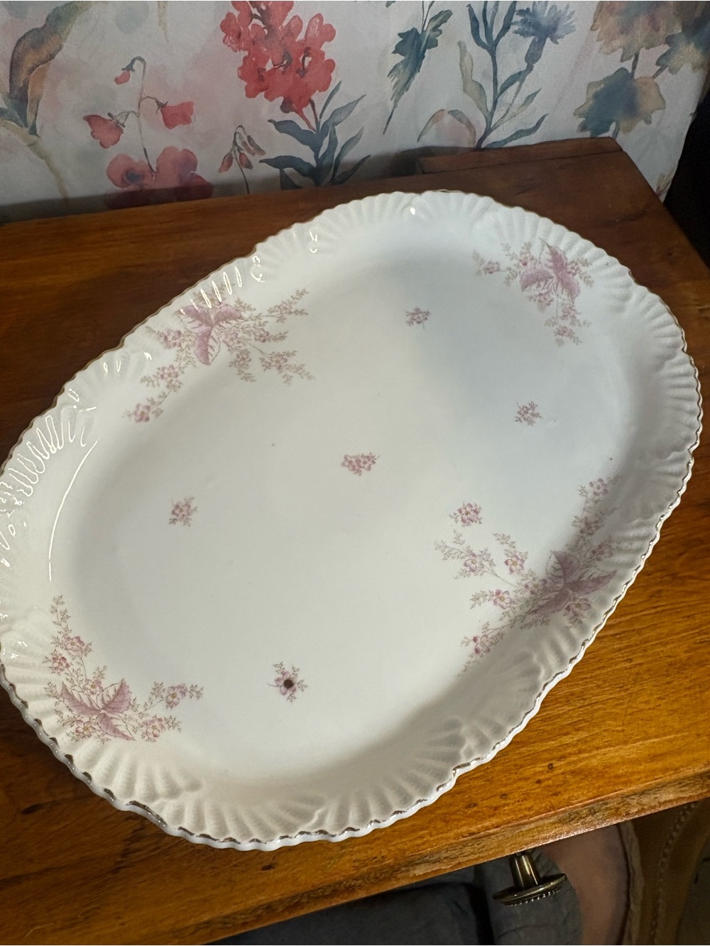 Vintage Classic White Ceramic Oval Serving Platter with Pink Floral Motif